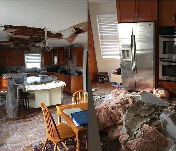 storm damage affecting the ceiling of a kitchen in Madison, New Jersey. Debris on floor and water damage