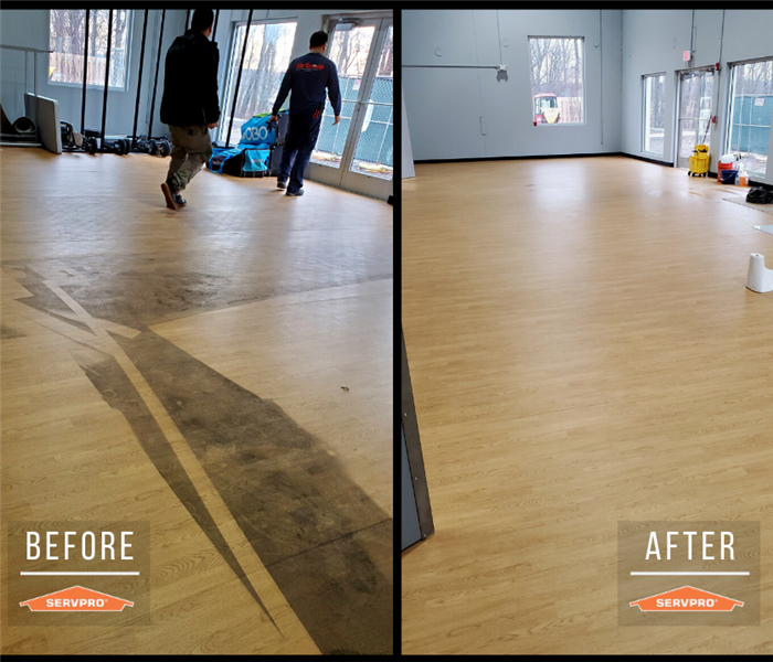 floor cleaning in a commercial building. dirt and residue all over floor. After: floor is completely clean