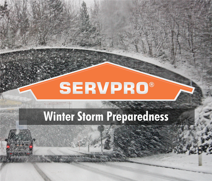 car driving through snowstorm, servpro logo and text "winter storm preparedness"