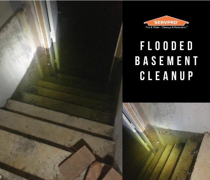 Water in basement reaching halfway up the stairs. servpro flooded basement cleanup removed all water in 3 hours
