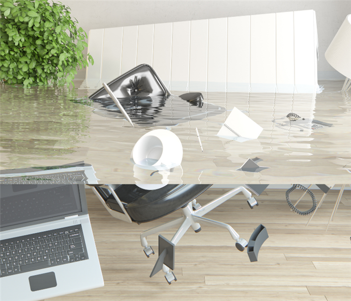 photo of flooded office and furniture floating in water