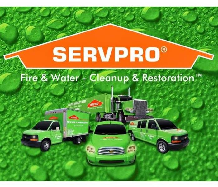 SERVPRO logo above "fire & Water - Cleanup & Restoration copy over SERVPRO vehicles on a green background with beads of water
