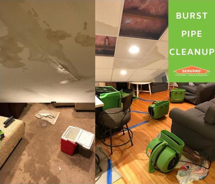 burst pipe in attic causing water damage to ceilings, floors, and flooding basement